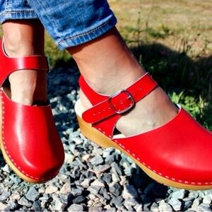 Swedish Red Leather Clogs with Wooden Sole Size 40